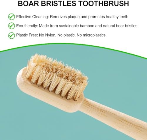 4 Pack Boar Bristle Bamboo Toothbrush, Premium Natural Toothbrushes for Adult, Plastic & Nylon Free, Biodegradable Organic Wooden Tooth Brushes