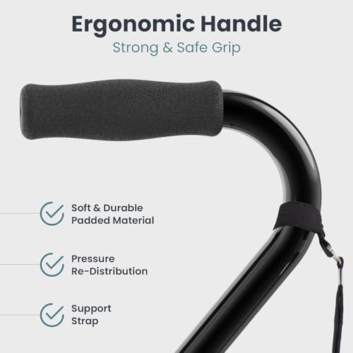 PELEGON Quad Cane (300 lb) - Adjustable Walking Cane with A Large 4 Pronged Base for Extra Balance & Stability, Walking Canes for Seniors, Walking Cane for Men & Women, Walking Sticks