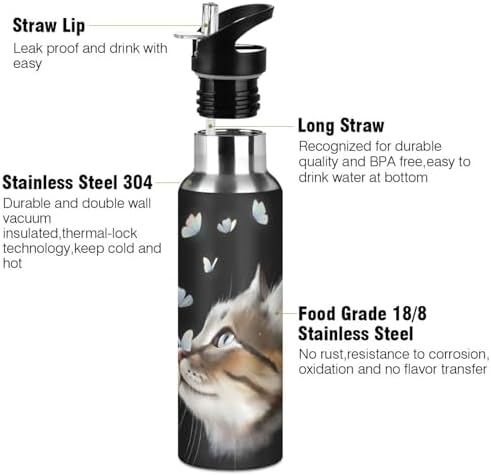 ALAZA Cute Kitten Cat with Butterfly Water Bottle with Straw Lid Vacuum Insulated Stainless Steel Thermo Flask Water Bottle 20oz