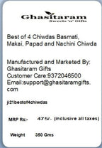 Jaiccha Ghasitaram Rakhi Gifts for Brothers - Best of 4 Chiwdas Basmati, Makai, Papad and Nachini Chiwda Pouches with 2 Rudraksh Rakhis