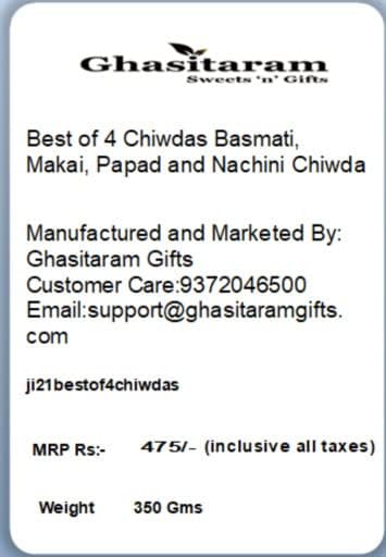 Jaiccha Ghasitaram Rakhi Gifts for Brothers - Best of 4 Chiwdas Basmati, Makai, Papad and Nachini Chiwda Pouches with 2 Rudraksh Rakhis