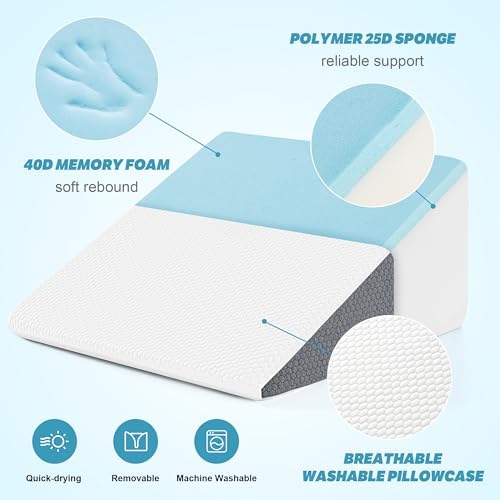 Yojoker Wedge Pillow for Sleeping - 12 Inch Bed Wedge for Headboard Triangle Pillow, Memory Foam Wedges for Acid Reflux, GERD, Snoring, Post Surgery Back Pain Relief, Leg Elevation, Washable Cover