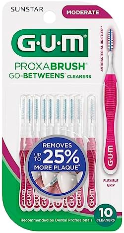 GUM Proxabrush Go-Betweens - Moderate - Interdental Brushes - Soft Bristled Dental Picks for Plaque Removal Health - Safe for Braces & Dental Devices, 10 Count (Pack of 4) 40 Total