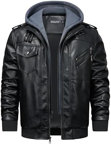 WULFUL Men's Leather Jackets, Faux Leather Jacket for Men Lapel Zip-Up Slim Fit Coat