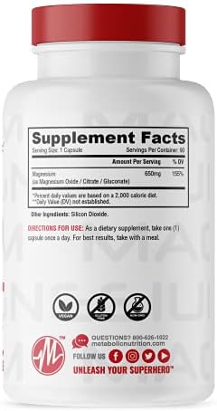 Metabolic Nutrition Magnesium, 650mg per Serving, Non-GMO, Vegan, Gluten Free, 90 Capsules