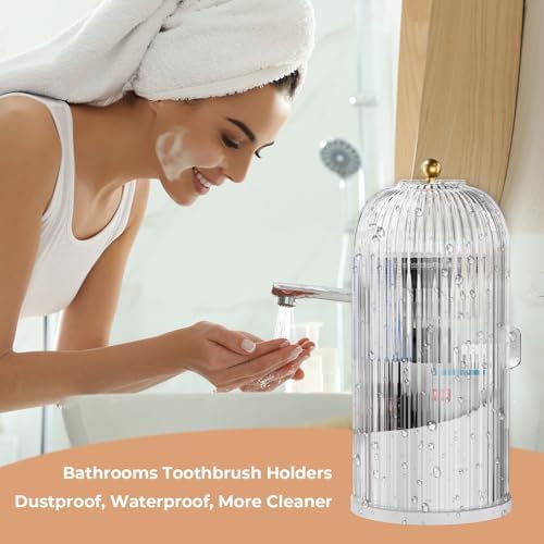 Toothbrush Holders with Sliding Lid for Bathroom Counter Organizer, Tooth Brush Toothpaste Holder for Bathroom Vanity Makeup Brushes Holder-White