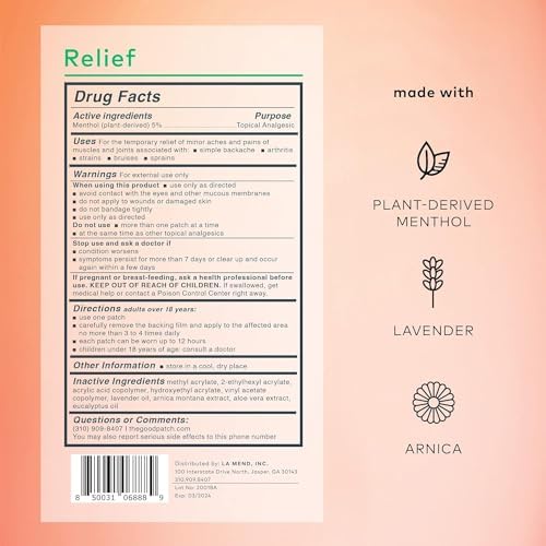 The Good Patch Muscle Pain Relief Patches, Natural Patch with Menthol, Lavender, Arnica and Aloe Vera, Sustained Release, Plant Powered Wearable Wellness, for Back, Neck, Arms, Legs (8 Total Patches)