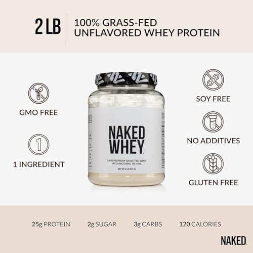 NAKED Whey 2LB 100% Grass Fed Whey Protein Powder - Only 1 Ingredient, Unflavored Whey Protein, NSF Certified, Undenatured, Gluten Free, Soy Free, No GMOs, No Preservatives