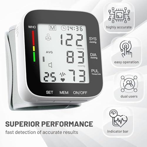 Wrist Blood Pressure Monitor Automatic Large LCD Display Adjustable Wrist Cuff Automatic Dual 99 Reading Memory Automatic Digital BP Machine for Home Use