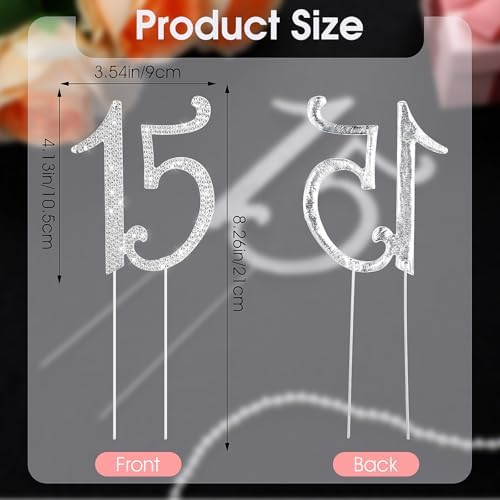Mabor 15 Cake Topper, Crystal Happy Number 15th Birthday Cake Topper Rhinestones 15th Cake Topper Decoration Supplies for Birthday Party and Anniversary Party(Silver)