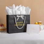 Crisky Black Birthday Bags for Women with Pearl Handles, Tissue Paper and Card, Embossed Floral Design Happy Birthday Gift Bag for Women, Her, Female Friends，Coworkers