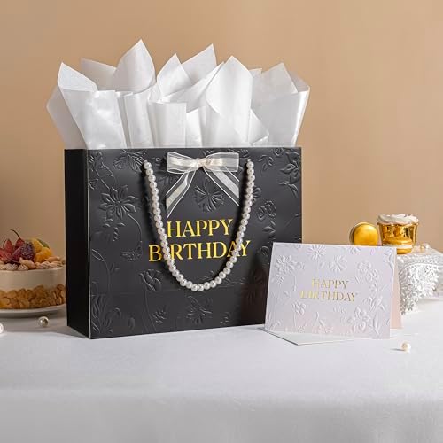 Crisky Black Birthday Bags for Women with Pearl Handles, Tissue Paper and Card, Embossed Floral Design Happy Birthday Gift Bag for Women, Her, Female Friends，Coworkers