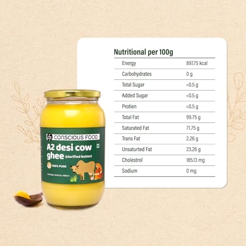 Conscious Food A2 Desi Cow Ghee - 33.814 Fl Oz (1L), Clarified Butter - 100% Pure and Premium, Cultured Ghee, Natural, Grass Fed Indian Cow, Non-GMO