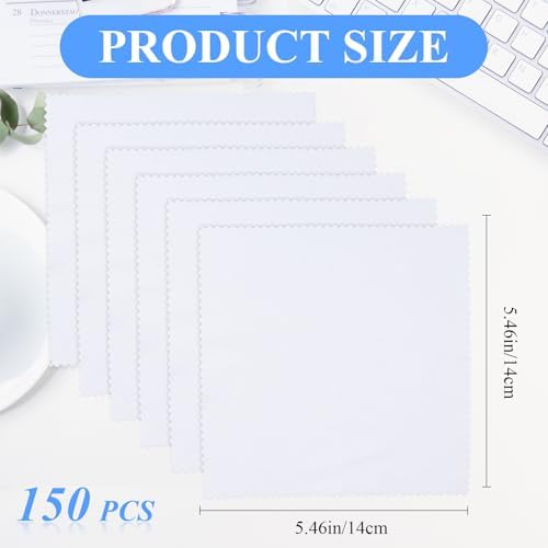 Supkiir 150 Pcs Microfiber Cleaning Cloth for Glasses, White Reusable Eye Glasses Clean Cloths, 5.46 x 5.46 Inch Lens Cleaning Cloth for Eyeglasses Phone Laptop Screens Silverware and Camera Lenses