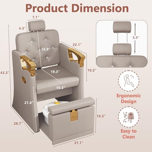 LOUVIXA Pedicure Station for Nail Tech, No Plumbing Pedicure Chair with Massage Pedicure Tub (Grey-Golden)