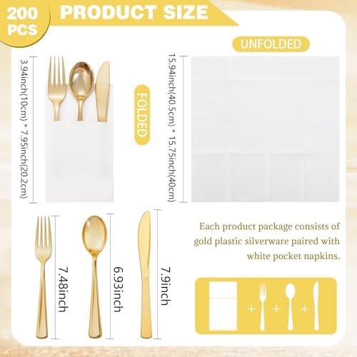 Supernal 200pcs Gold Plastic Silverware with Pocket Napkins-50 Sets, Heavy Duty Disposable Silverware with White Napkins-Disposable Party Tableware for Wedding, Birthday Party