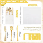 Supernal 200pcs Gold Plastic Silverware with Pocket Napkins-50 Sets, Heavy Duty Disposable Silverware with White Napkins-Disposable Party Tableware for Wedding, Birthday Party