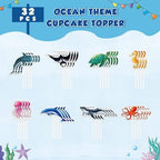 WERNNSAI 32 PCS Ocean Cupcake Toppers - Shark Birthday Party Decorations Under The Sea Cake Toppers Summer Dolphin Ocean Animal Cake Decors for Kids Ocean Baby Shower Party Supplies