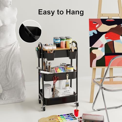 6 Pack Rolling Cart Accessories, Black Plastic Hanging Cup Holder for Utility Storage Carts Organizer, Rolling Carts Accessories with 6 Cup Holders and 6 Hooks for Art, Craft, Makeup