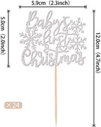 24 PCS Baby's First Christmas Cupcake Toppers Glitter Baby Shower Xmas Snowflake Cupcake Picks for Merry Christmas Theme New Year Holiday Birthday Party Cake Decorations Supplies Silver