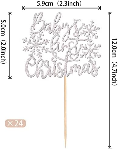 24 PCS Baby's First Christmas Cupcake Toppers Glitter Baby Shower Xmas Snowflake Cupcake Picks for Merry Christmas Theme New Year Holiday Birthday Party Cake Decorations Supplies Silver