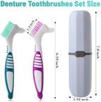 2Pcs Denture Brush with Case, Travel False Teeth Toothbrush, Soft Denture Brush, Effective Denture Cleaner Brushes Kit, Ergonomic Rubber Handle (Light Gray Case)
