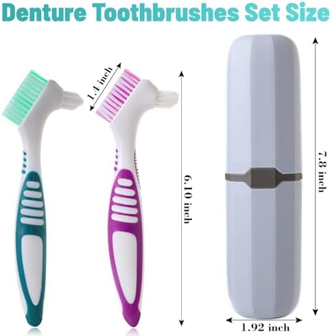 2Pcs Denture Brush with Case, Travel False Teeth Toothbrush, Soft Denture Brush, Effective Denture Cleaner Brushes Kit, Ergonomic Rubber Handle (Light Gray Case)