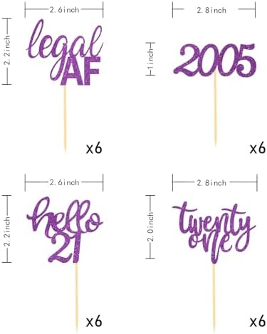 24 Pcs Glitter 21st Birthday Cupcake Toppers for Celebrating Twenty One Years Old Birthday Party Decorations (Purple)