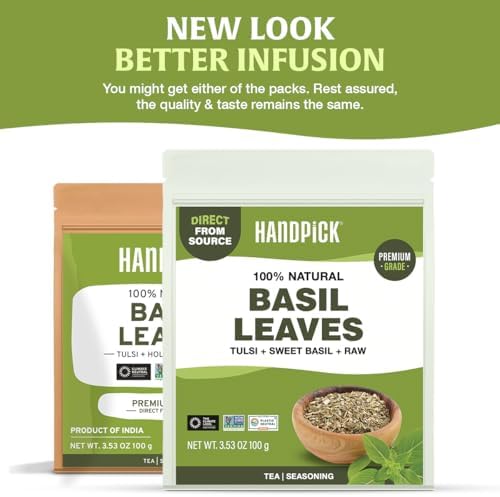HANDPICK Dried Basil Leaves 40 Servings (100g/ 3.5oz) Non GMO, Gluten Free, 100% Raw Whole Tulsi Leaf, Sourced from India, Premium Quality, Packed in Resealable Ziplock Pouch