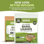 HANDPICK Dried Basil Leaves 40 Servings (100g/ 3.5oz) Non GMO, Gluten Free, 100% Raw Whole Tulsi Leaf, Sourced from India, Premium Quality, Packed in Resealable Ziplock Pouch