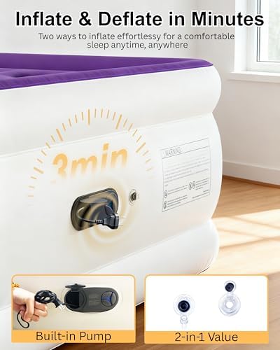 Queen Air Mattress with Built in Pump, Inflatable Mattress for Home, Blow up Air Bed 3 Min Quick Inflation and Deflation, Thin Velvet Top, 22'' Queen Size Purple
