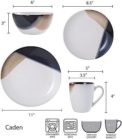 Gourmet Basics by Mikasa Caden 16-Piece Stoneware Dinnerware Set — Service for 4, Reactive Glaze, Black/Tan & White Finish, Microwave & Dishwasher Safe, Everyday & Formal Use
