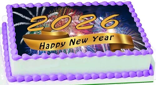New Year Fireworks Ribbon Edible Image Sheet Cake Topper