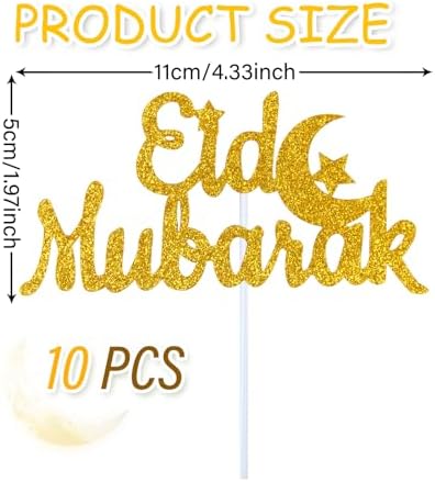 10Pcs Eid Mubarak Cake Topper Glitter Ramadan Cupcake Toppers Gold Star Moon Cake Toppers for Ramadan Cake Decorations Supplies