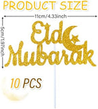10Pcs Eid Mubarak Cake Topper Glitter Ramadan Cupcake Toppers Gold Star Moon Cake Toppers for Ramadan Cake Decorations Supplies