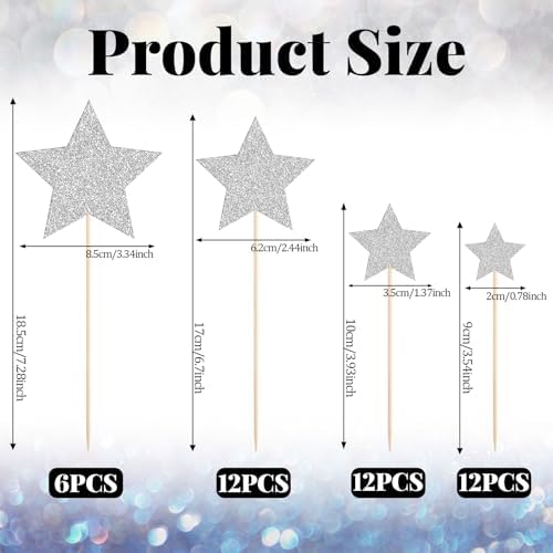 42 PCS Glitter Silver Star Cake Picks, Twinkle Star Cupcake Toppers, Wedding Engagement Baby Shower Birthday Party Cake Decorations Supplies, Mixed Size