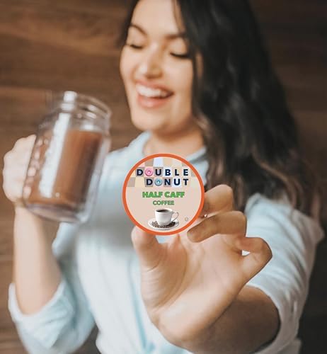 Double Donut Coffee Half Caff Coffee Pods, Single Serve Half Caffeine Coffee Pods For Keurig K Cup Brewers, Medium Roast, 80 Count