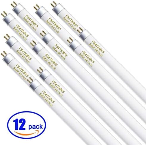 Konideke F54T5/865/HO 54 Watt 46 Inch T5 Fluorescent Tube Light Bulb, T5 54W Grow Light, 6500K Daylight, 5000 Lumens, High Output, G5 Bi-Pin Base, 12 Pack