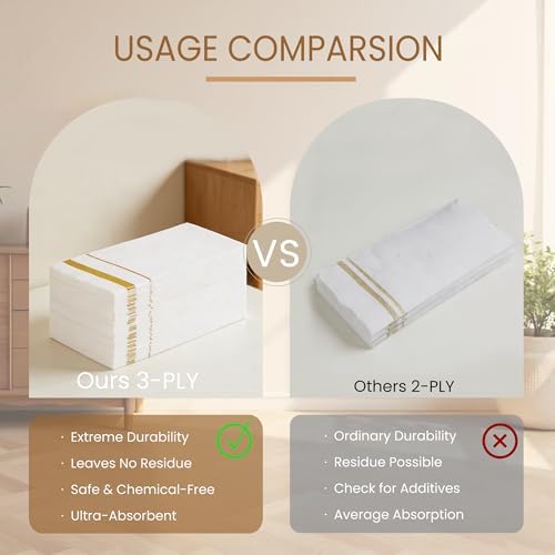 200 Pack 3-Ply Disposable Paper Napkins, Soft and Absorbent Paper Hand Towels, Gold Trim Lined Elegant Dinner Napkins for Kitchen, Wedding, Parties, Dinners or Events (15.7" x 13")