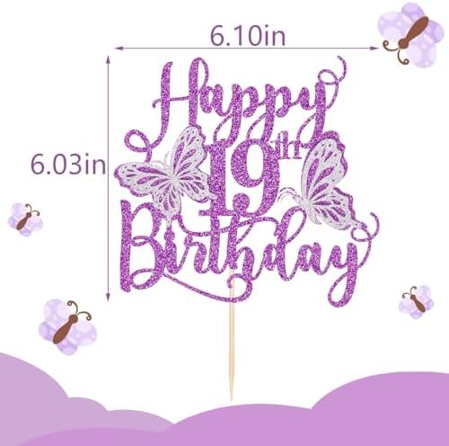Kaoenla Butterfly Happy 19th Birthday Cake Topper, Glitter 3D Butterfly Theme 19th/nineteen Birthday/Anniversary Party Cake Decor (19th, Purple)