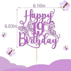 Kaoenla Butterfly Happy 19th Birthday Cake Topper, Glitter 3D Butterfly Theme 19th/nineteen Birthday/Anniversary Party Cake Decor (19th, Purple)