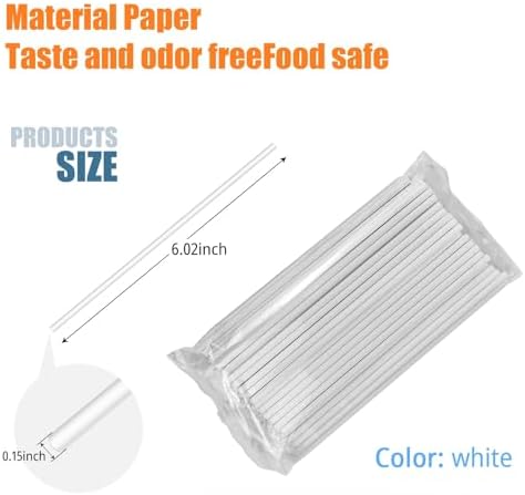 50 Pack 6 Inch White Paper Lollipop Sticks, Cake Pop Sticks, Sucker Sticks for Cookies, Candy, Chocolate, and Cake Decorations (4mm Diameter)
