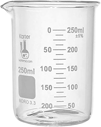 250ml Beaker, Low Form Griffin, Borosilicate 3.3 Glass, Double Scale, Graduated, Karter Scientific 213D33 (Single)