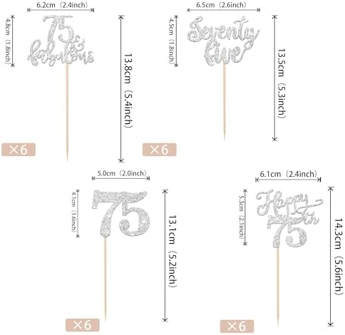 Rsstarxi 24 Pack Happy 75th Birthday Cupcake Toppers Glitter Seventy Five 75 Fabulous Cupcake Food Picks for 75th Birthday Wedding Anniversary Party Cake Decorations Silver