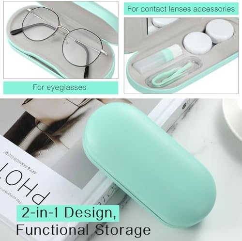 MoKo Double Eyeglass Case, Contact Lens Case with Mirror Tweezers Remover, 2 in 1 Double Sided Portable Contact Lens Box Holder Container Soak Storage Kit Sunglasses Pouch for Men & Women, Green