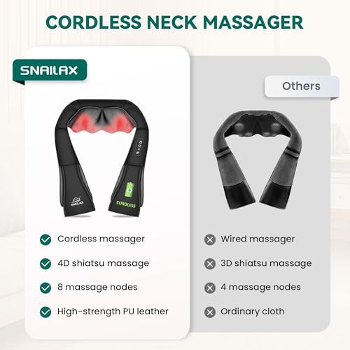 Snailax Cordless Massager - Shiatsu Neck and Shoulder Massager with Heat, FSA Eligible, Portable, Lumbar, Back Electric Massage Pillow, Christmas Gift