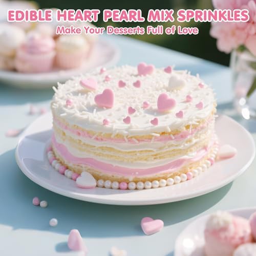 Edible Heart Sprinkles for Cake Decorating,White Pink Pearl Sugar Jimmies Mix Size 130g/4.58oz,Baking Candy Decorations,Cupcake Toppers,Cookie Donuts Ice Cream Dessert Decorating,Wedding Birthday Party Mother's Day Easter Supplies