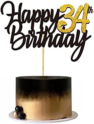 Happy 34th Birthday Cake Toppers Glitter 34th Anniversary Cake Topper 34 Years Loved Bday Decorations 34 Gold Birthday Cake Decorations Thirty-four Party Supplies for Women Men(Black Gold)