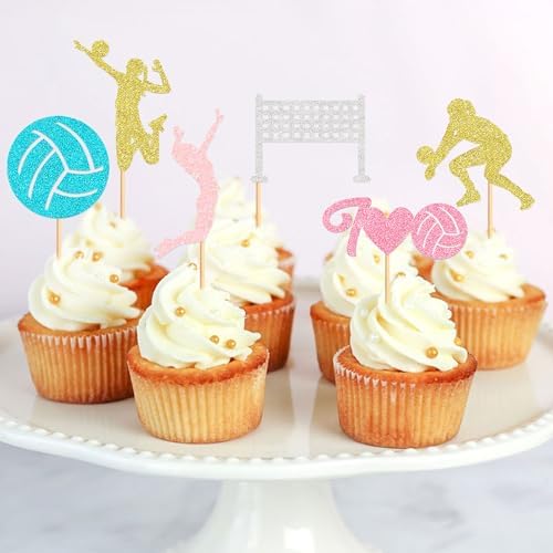 24pcs Beach Volleyball Cupcake Toppers - Sport Theme Decor Supplies with Volleyball Player & Ball Cupcake Picks for Birthday Celebration