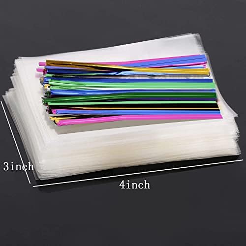 Tecbeauty 600pcs Cellophane Bags Kit-300pcs 3x4 inch Clear Cellophane Treat Bags Cello Cookie Bag, 300pcs Colors Ties for Wedding Birthday Party Favor Gift Packing